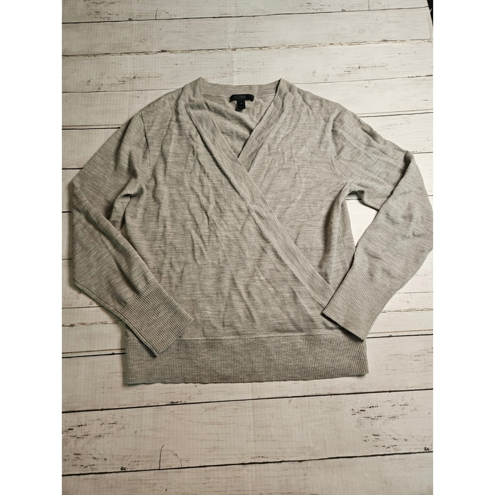 J.Crew Womens Gray 100% Merino Wool Wrap Front V-Neck Sweater Size M Lightweight